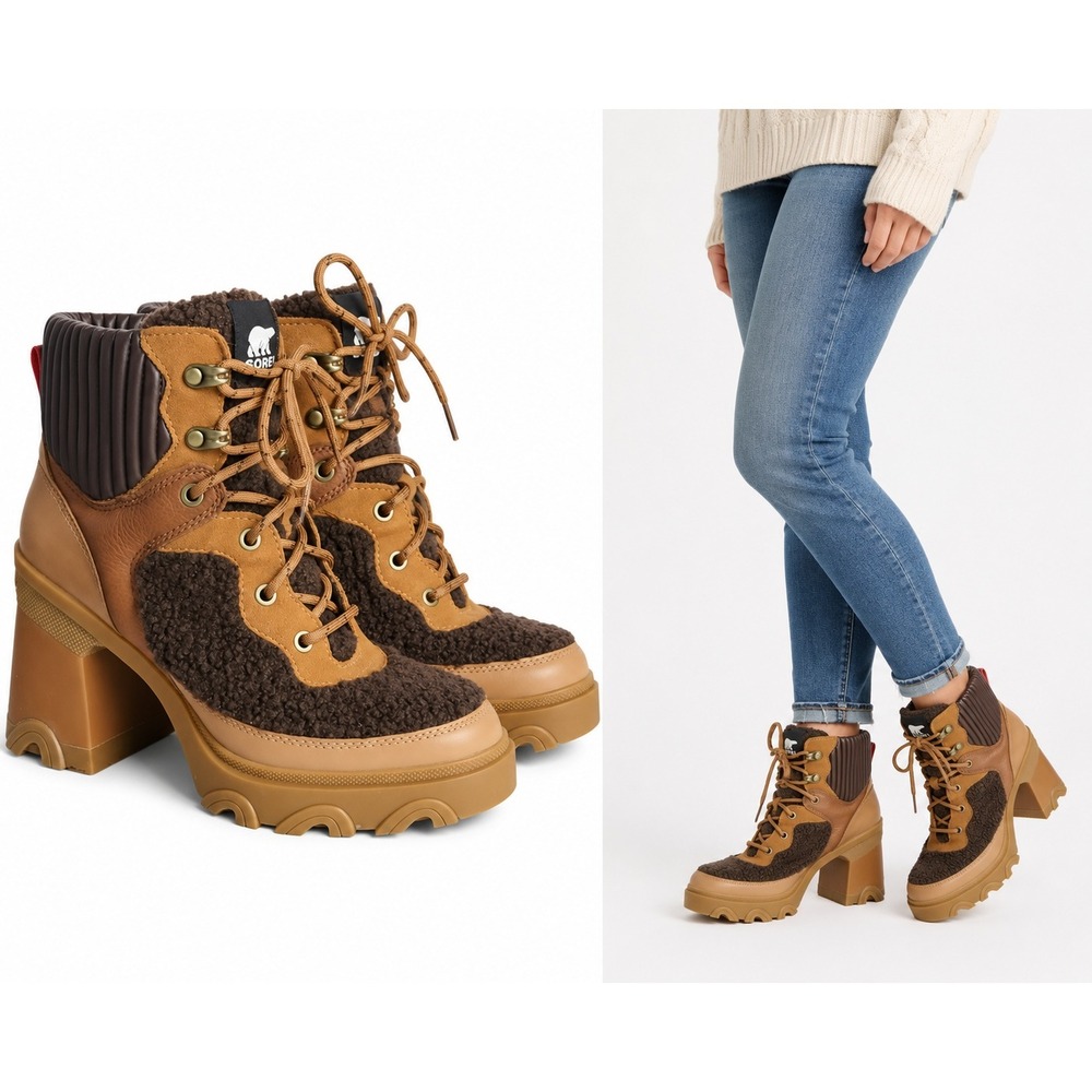 Sorel Brex Heel Cozy Boot Women 9‎ Tawny Buff Leather Laces Block Heel Like New